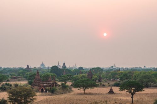 Sunset over the temples, pagodas, and stupas in Bagan, Myanmar.
