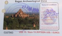 Entrance ticket for Bagan Archaeological Zone in Myanmar.