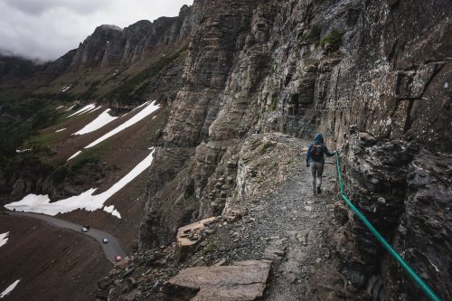 Hold on tight on the Highline Trail, Glacier National Park, Montana, United States.
