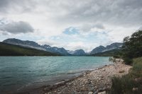 The shore outside the Many Glacier Hotel, Glacier National Park, Montana, United States.