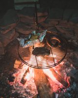 We cooked a campfire dinner of local kielbasa, steak, and potatoes. Yum!