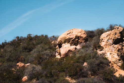 Skull Rock sits at the top of the Temescal Canyon Trail in Topanga State Park in Los Angeles, California.