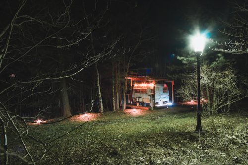 The Scotty camper looks so nice lit up at night. Enjoy the evenings on this peaceful property.