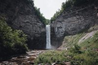 The viewing platform for Taughannock Falls is located at the end of the Gorge Trail in Taughannock Falls State Park near Ithaca, NY.