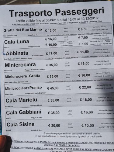 Information on a boat trip tickets around Golfo di Orosei.