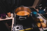 Cooking dinner in our Kuku Camper at Árnes Campground