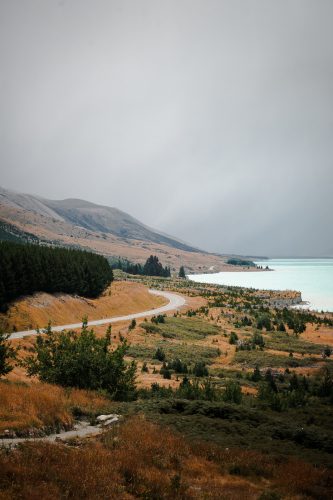 Driving towards Aoraki/Mt Cook National Park alongside Lake Pukaki